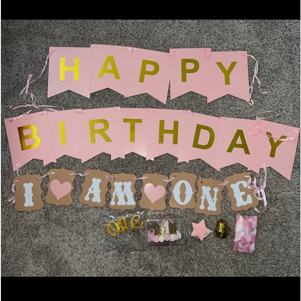 1st Birthday girl decorations with birthday Crown, pink and gold supplies
